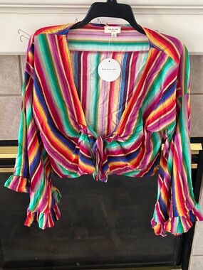 Tea n Cup Rainbow Striped Tie-Front Retro bell sleeve Blouse